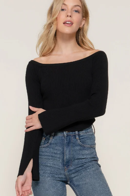 Long flare slv off shoulder sweater Lace Blend Ribbed Blend Corduroy Blend