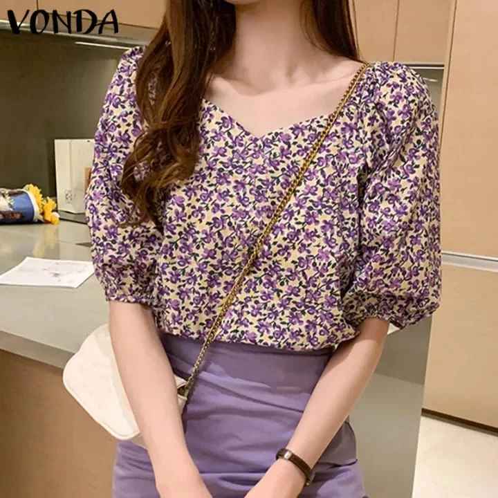 VONDA Women Floral Shirts Oversized Pullover Elegant Blouse Tops Puff Sleeve Tunic Tee S4567432 One Shoulder Top