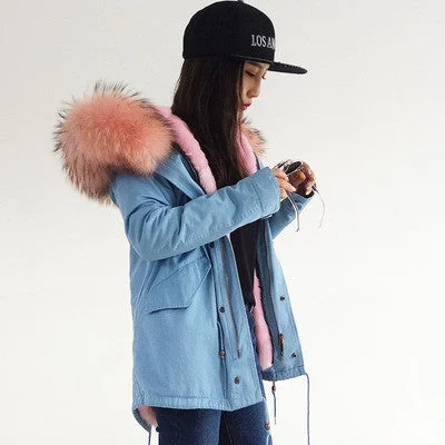 Blue parka pink fur