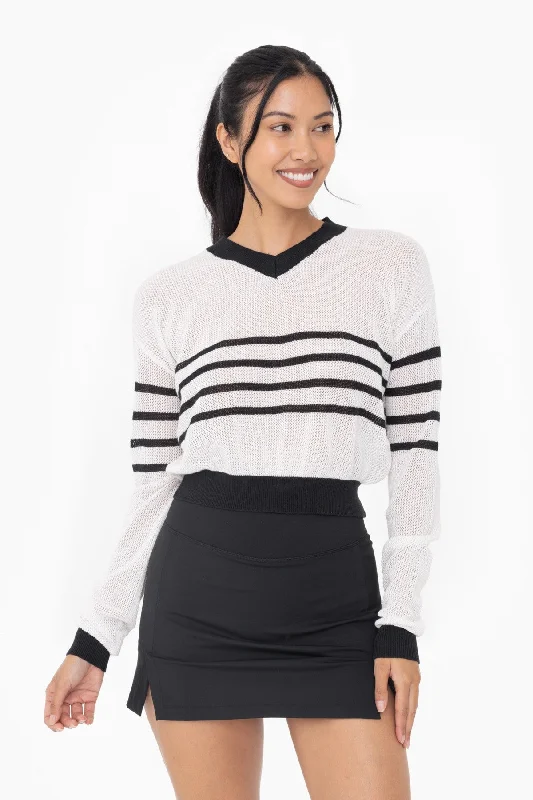 Retro Stripe Pullover Knit Cold Shoulder Design