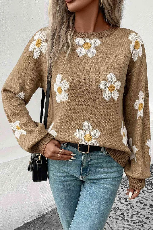 Floral Dropped Shoulder Sweater Real Fur Shearling Chenille