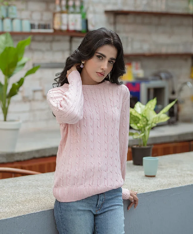 Pink Cable Knit Sweater (Women) Cable Knit Ribbed Knit Lace Knit