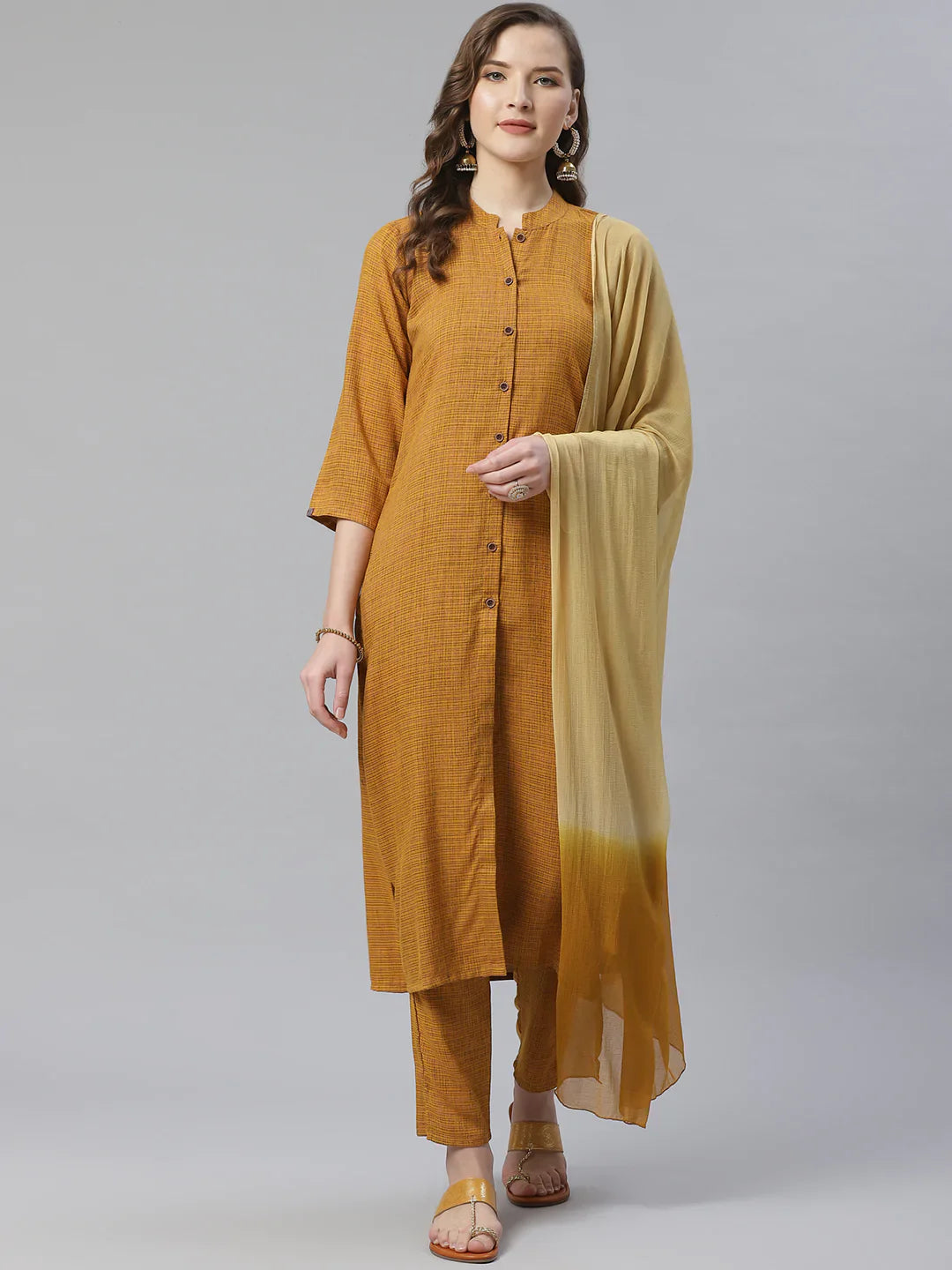 Women Mustard & Beige Self Checked Kurta With Trousers & Dupatta - Rasiya Trousers Travel Practical