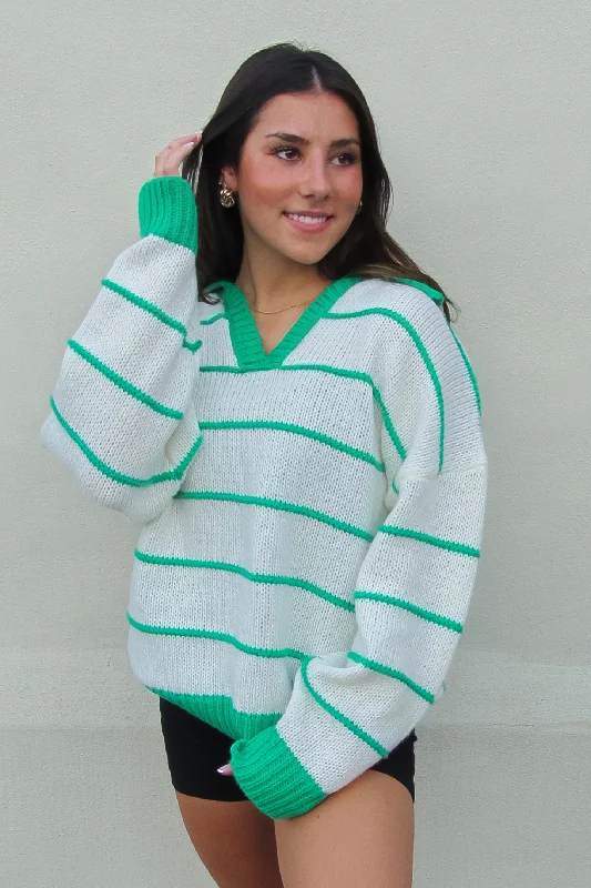 Green and White Striped Collared Sweater Fitted Loose Oversized