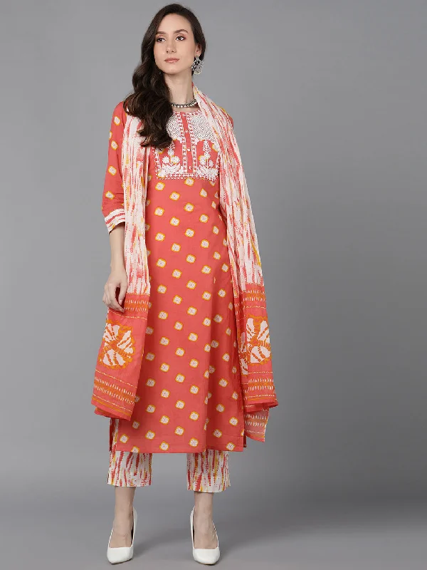 Women's Orange Rayon Blend Bandhani Embroidered Straight Kurta Trousers With Dupatta - Ahika Trousers Silk Elegant