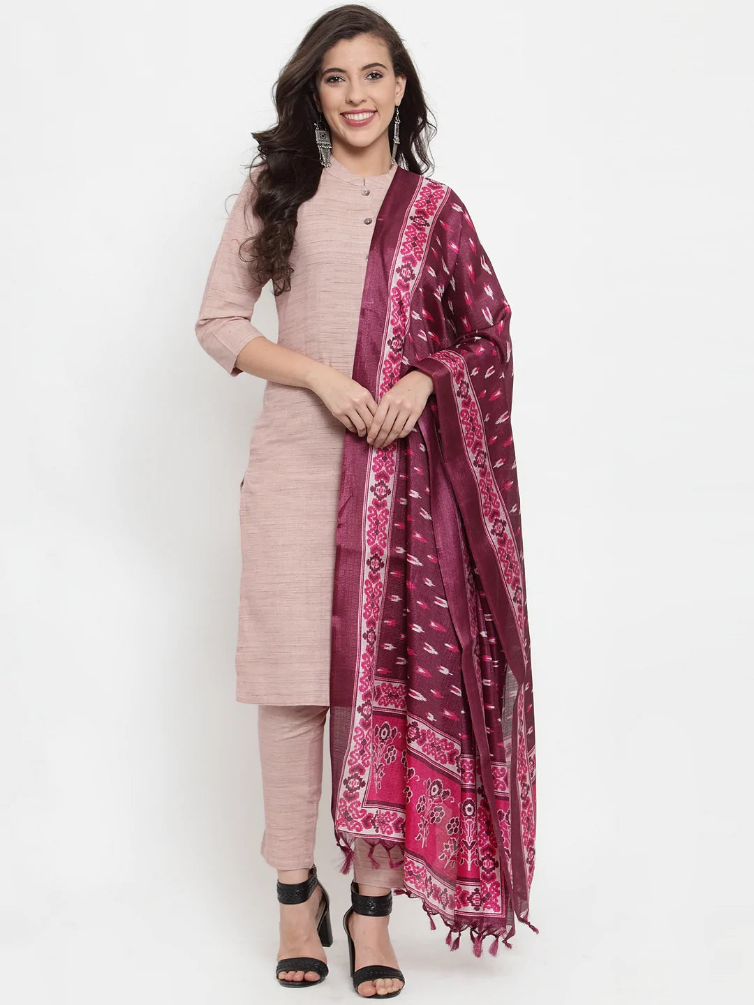 Women Pink Solid Kurta With Trousers & Dupatta - Rasiya Trousers Gym Athletic