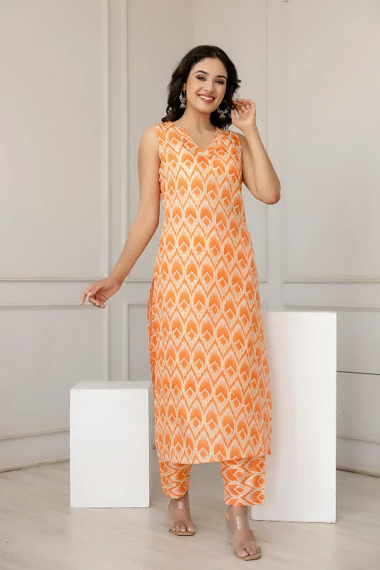 Women Orange Color Printed Straight Kurta With Trouser - Rasiya Trousers Capri Summer