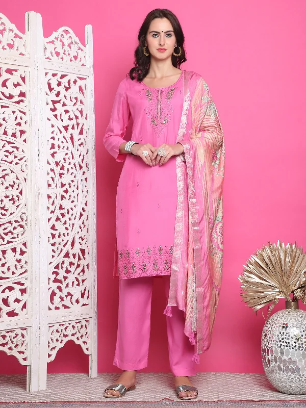 Jyoti Fashion Women's Pink Muslin Floral Resham Embroidery Kurta with Trouser & Dupatta Trousers Print Floral