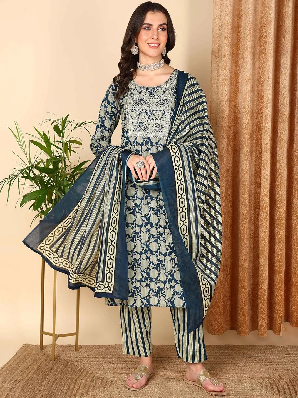 Women's Navy Blue Rayon Blend Floral Embroidered Straight Kurta Trousers With Dupatta - Ahika Trousers Chinos Classic