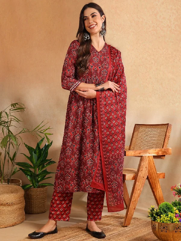 Women's Red Rayon Blend Floral Printed A-Line Kurta Trouser With Dupatta - Ahika Trousers Mesh Breathable