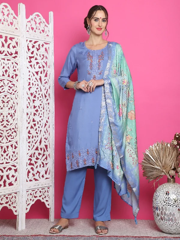 Jyoti Fashion Women's Blue Muslin Floral Resham Embroidery Kurta with Trouser & Dupatta Trousers Running Lightweight