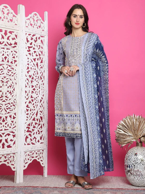 Jyoti Fashion Women's Sky Blue Cotton Floral Digital Print with Resham Thread Work Kurta with Trouser & Dupatta Trousers Business Professional