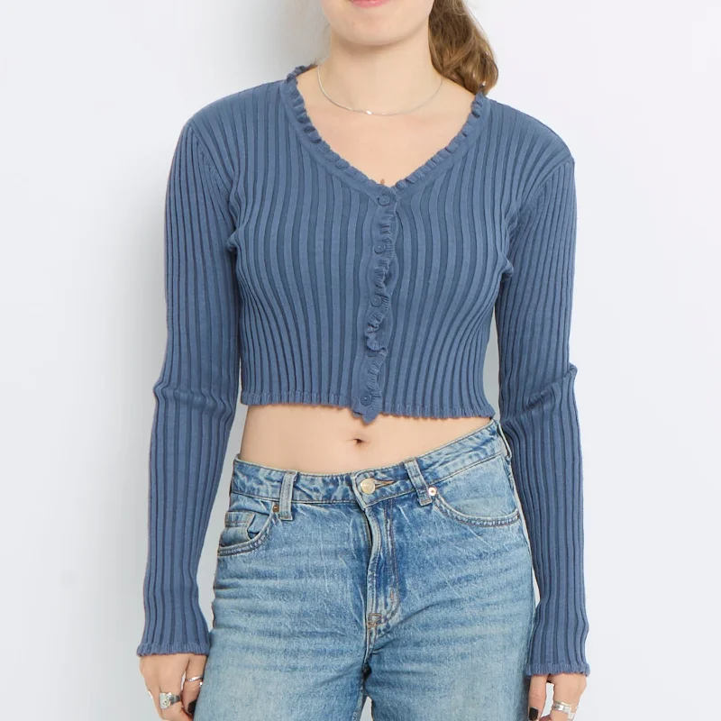 Ruffle Ribbed Cropped Cardigan - UK 6 Fitted Slim Tailored