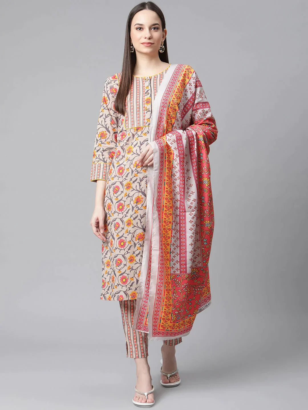 Women Grey & Peach Floral Pure Cotton Kurta With Trousers & Dupatta - Rasiya Trousers Exclusive Limited