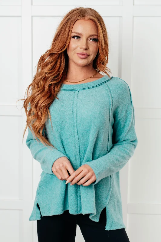 Hazel Blues® |  Simple Silhouette Brushed Hacci Sweater in Dusty Teal Neon Metallic Matte