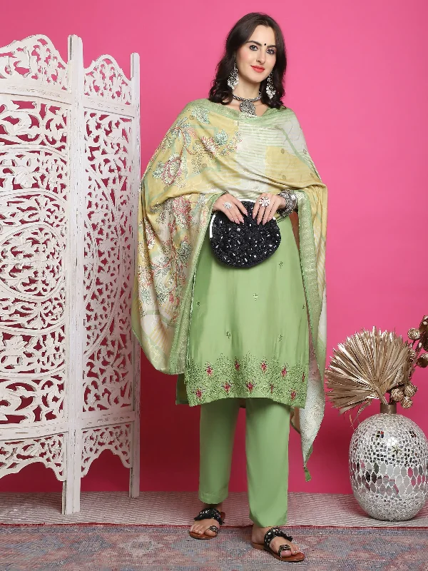 Jyoti Fashion Women's Green Muslin Floral Resham Embroidery Kurta with Trouser & Dupatta Trousers Seasonal Trendy