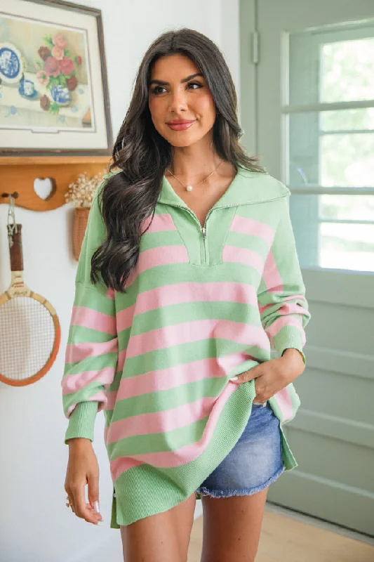 Pulling Heartstrings Green and Pink Striped Quarter Zip Pullover Wide Sleeve Pullover