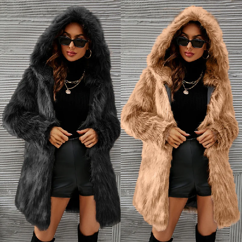 Vireous Women's Glamorous Over-Size Hooded Faux Fur Jacket Collared Jacket Crew Neck Jacket Turtle Neck Jacket