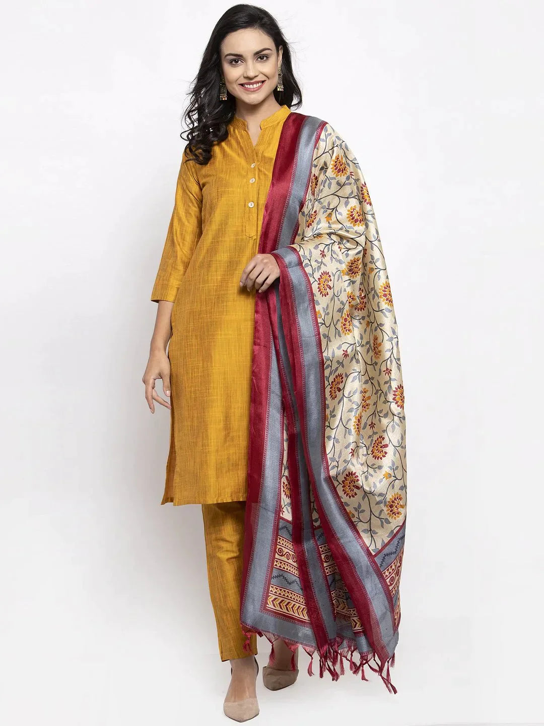 Women Yellow Self-Striped Kurta With Trousers & Art Silk Dupatta - Rasiya Trousers Bestseller Popular