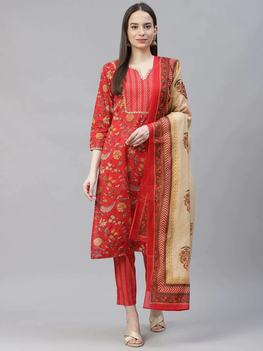 Women Red Ethnic Motifs Printed Regular Pure Cotton Kurta With Trousers & Dupatta - Rasiya Trousers Formal Black