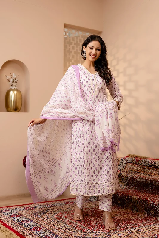 Women White and Purple Printed Straight Kurta And Trouser With Dupatta - Rasiya Trousers Palazzo Wide Leg