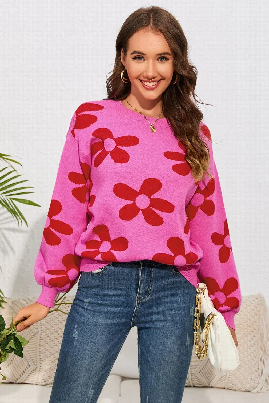 Floral Print Round Neck Dropped Shoulder Sweater Anti-Pilling Anti-Shrink Durable