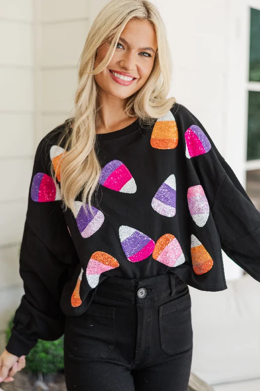 Candy Corn Craze Black Sequin Pullover Ruffle Neck Pullover