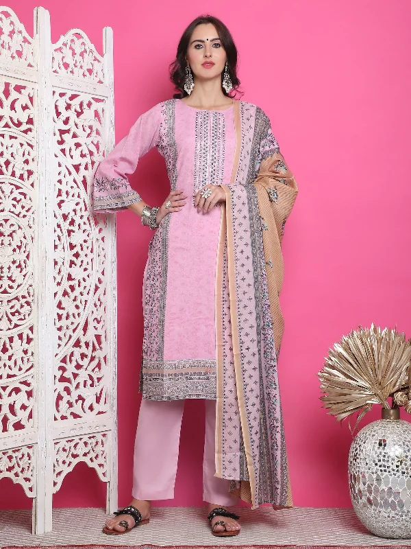 Jyoti Fashion Women's Pink Cotton Floral Digital Print with Resham Thread Work Kurta with Trouser & Dupatta Trousers Travel Practical