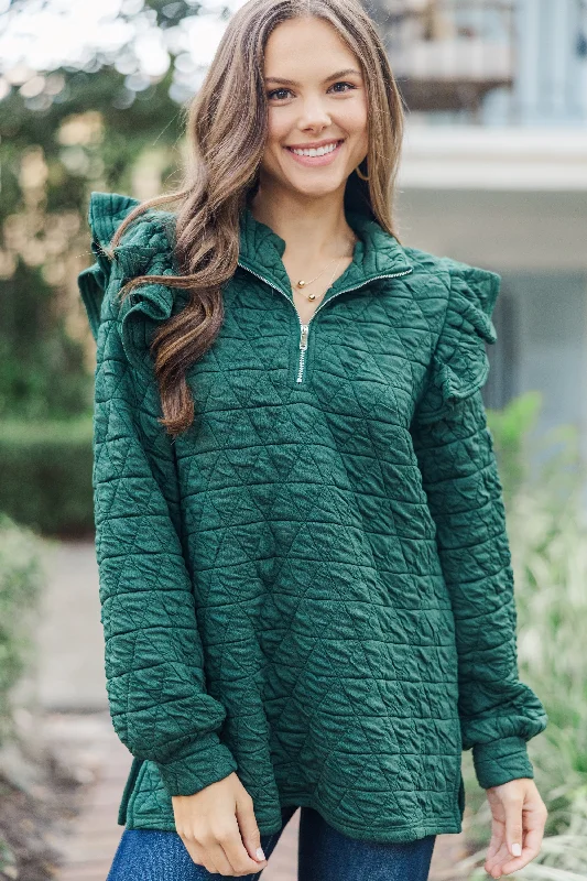 Just In Time Hunter Green Quilted Pullover Kimono Neck Pullover