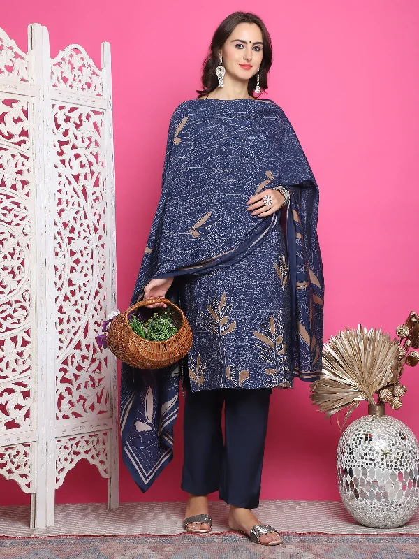 Jyoti Fashion Women's Navy Blue Muslin Floral Print with Jari & Crystal work Kurta with Trouser & Dupatta Trousers Mesh Breathable