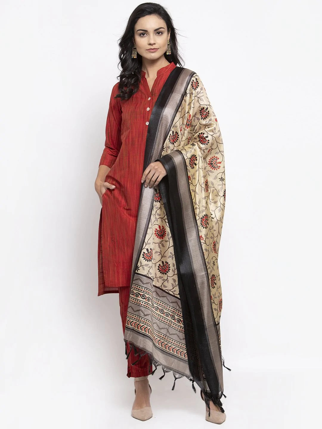 Women Red Self-Striped Kurta With Trousers & Art Silk Dupatta - Rasiya Trousers luxurious high-end