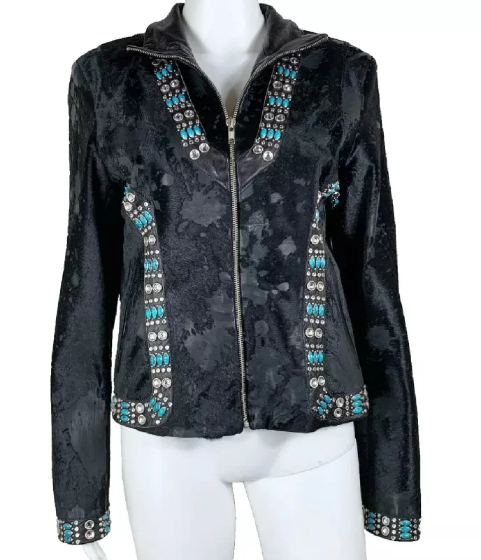 Kippys Acid Washed Jacket with Swarovski Crystals & Turquoise M Belted Jacket Elasticated Jacket Padded Jacket