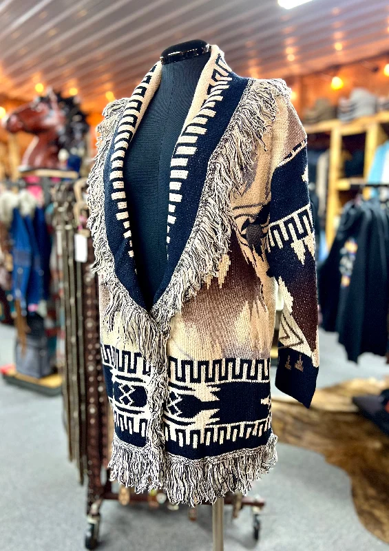 Navy and Cream Southwest Cardigan with Fringe Slim Fit Regular Fit Oversized