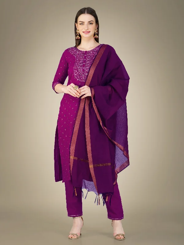 Women's Purple Cotton Magic Slub Embroidery & Sequence Work Kurta With Trouser & Dupatta - Jyoti Fashion Trousers Timeless Classic