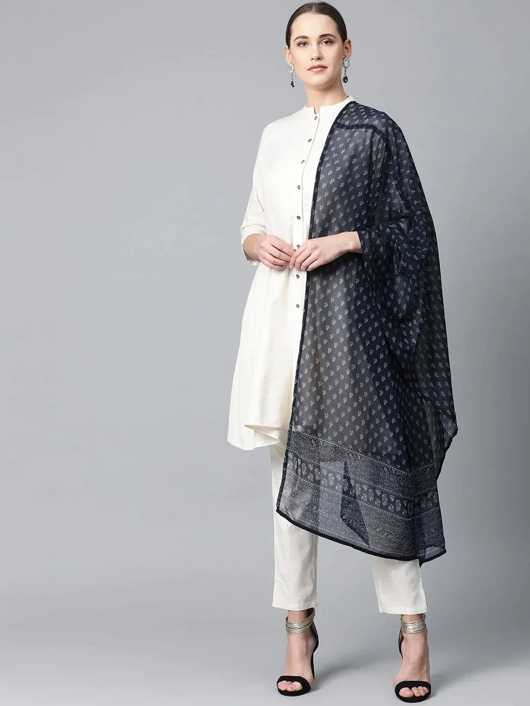 Women Off-White & Navy Blue Solid Kurta With Trousers & Dupatta - Rasiya Trousers stylish modern