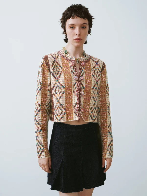 Standard Sleeve Knitted Cardigans Solid Print Embellished