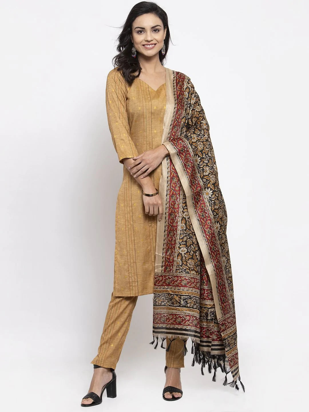 Women Beige & Black Striped Kurta With Trousers & Printed Dupatta - Rasiya Trousers Summer Linen