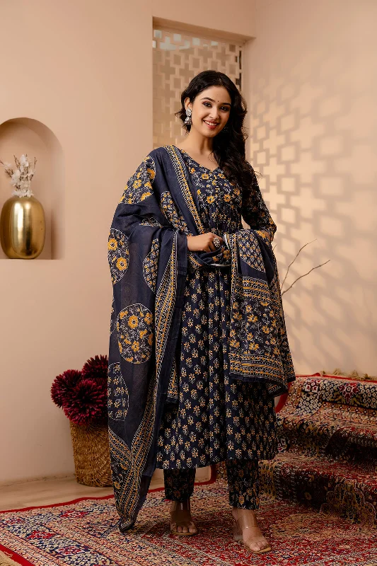 Women Grey Floral Printed Anarkali Kurta And Trouser With Dupatta - Rasiya Trousers Fleece Cozy