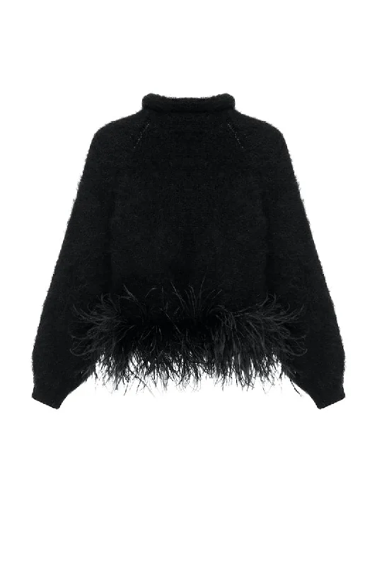 BLACK HIGH-NECK KNIT WOOL SWEATER WITH FEATHER-DETAILING Terry Terry Cloth Terry Knit