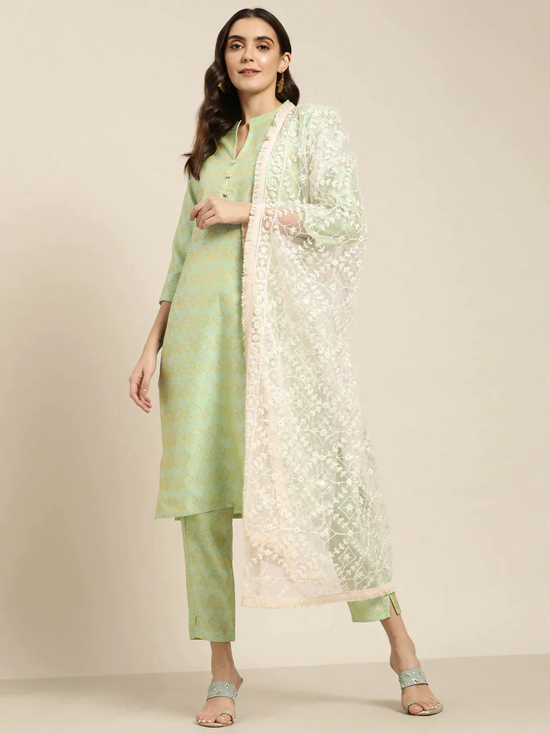 Women Jacquard Woven Design Straight Kurta Trousers & Chikankari Dupatta Green - Rasiya Trousers Favorite Customer