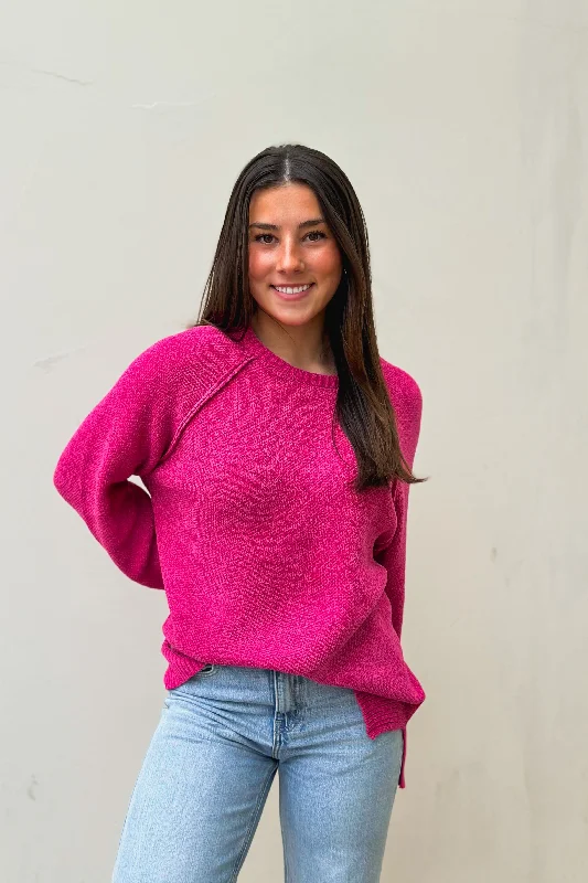 Hot Pink Chenille Raglan Sweater Stretchy Elastic Breathable