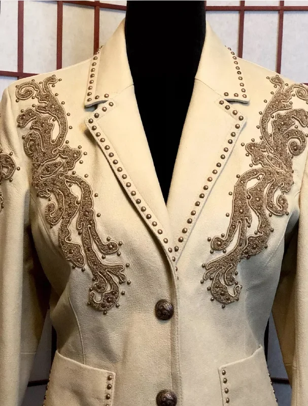 Cream Leather Jacket with Beautiful Appliqués M Appliqued Jacket Beaded Jacket Sequined Jacket