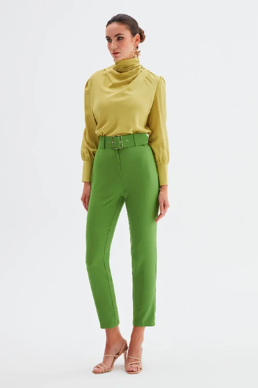 High Waist Belted Trousers - green Wide Leg Loose Fit Mid Waist