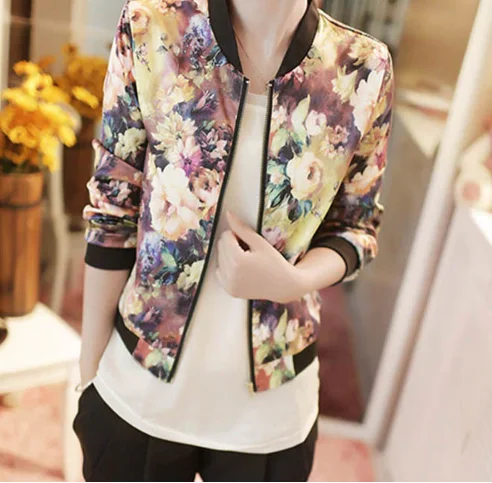 Women Spring Jackets Short Tops Long Sleeve Floral Print Coat Vintage Women Clothing Bomber Jacket Stand-Up Collar Roll-Neck Collar Turtle Neck