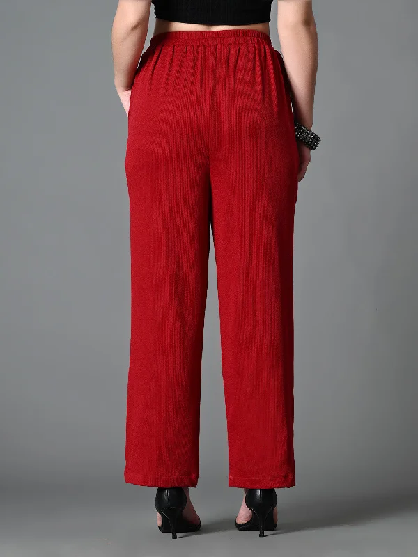 Myshka Women's Solid Ribbed High-Rise Wide Leg Casual Trousers in Maroon Color Trousers Brand Named