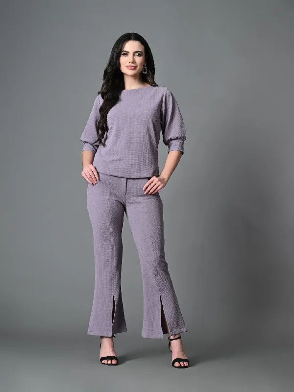 Myshka Lavender Solid Boat Neck Casual Top With Trousers Co-ord set Trousers Custom Made