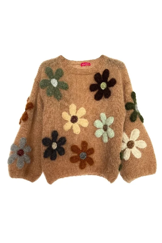 BEIGE FREE FLOWERS PULL SWEATER Notch Collar Peter Pan Collar Cowl Neck