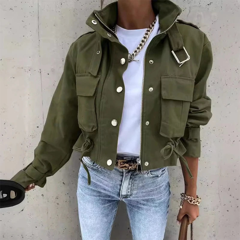 Fashionable Cargo Jackets for Women - Turndown Neck Long Sleeve Pockets Drawstring Casual Workwear Crop Coat Rayon Jacket Velvet Jacket Corduroy Jacket