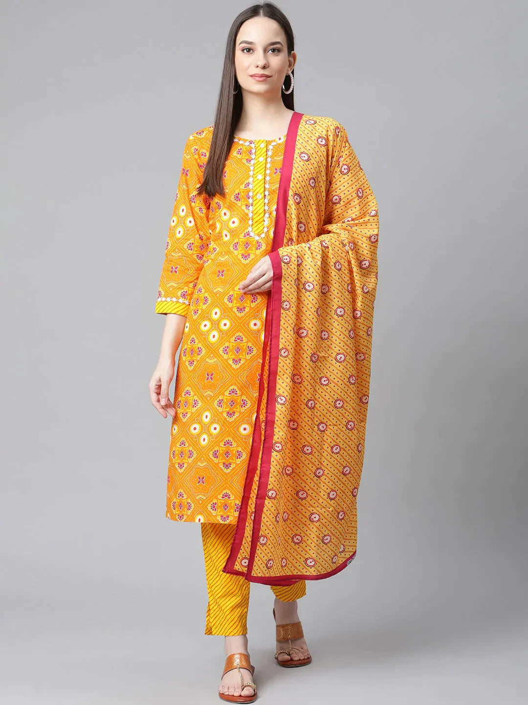 Women Yellow & Pink Ethnic Motifs Printed Pure Cotton Kurta With Trousers & Dupatta - Rasiya Trousers Handmade Artisanal