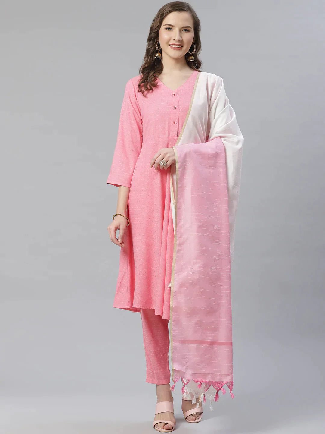 Women Pink & White Self Design Kurta With Trousers & Dupatta - Rasiya Trousers Office Stylish